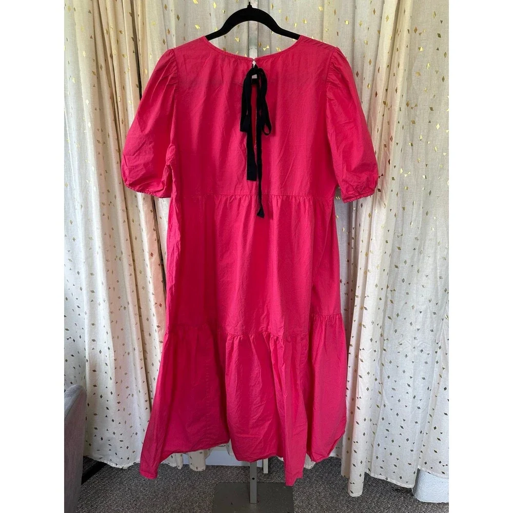 Peter Som Collective 100% Cotton Pink Puff Sleeve Poplin Tiered Midi Dress 14
